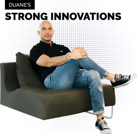 Duane Sitting on Chair with Strong Innovations Logo